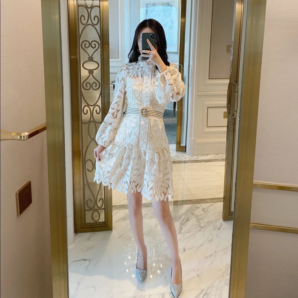 Apricot Lace Lantern Puff Sleeve Dress - Picture 7 of 10